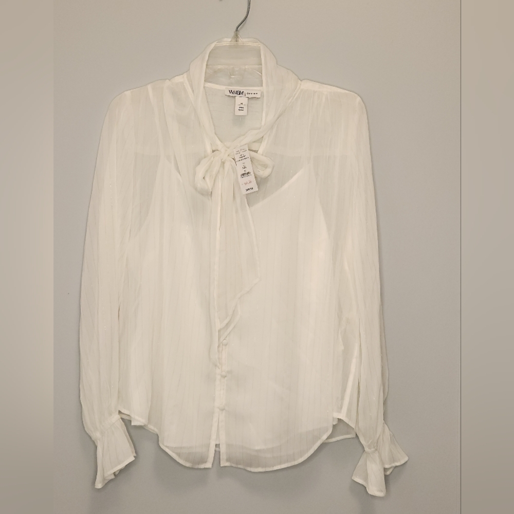 White House Black Market Outlet Women's Long Sleeve Neck Tie Blouse Size M NWT!